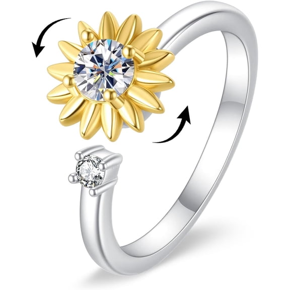 MYSTICPOEM Fidget Rings for Anxiety for Women Cubic Zirconia Sunflower Rings Spinner Open Adjustable Ring Anxiety Jewelry Gift for Mom, Sister, Friends
