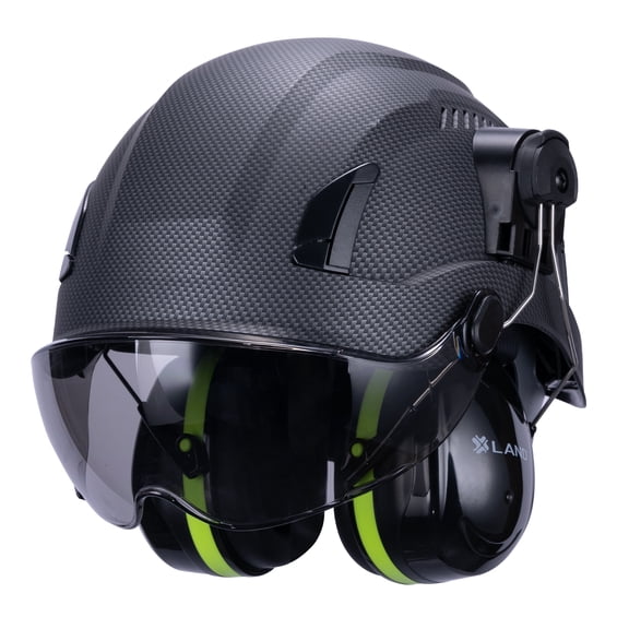 Land Helmets EcoPro Climb Kit - 3 in 1 Safety Helmet - ANSI Z89.1 Type I Class C - NRR 22 DB Earmuffs & ANSI Z87.1 Visor - Carbon Fiber/ Smoke Visor