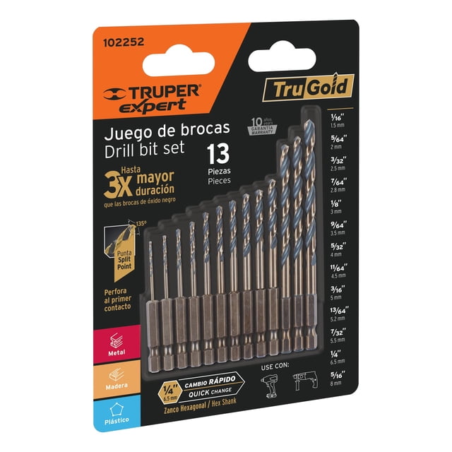 Truper Juego de Brocas de 13 piezas HSS p/metal zanco cambio rapido