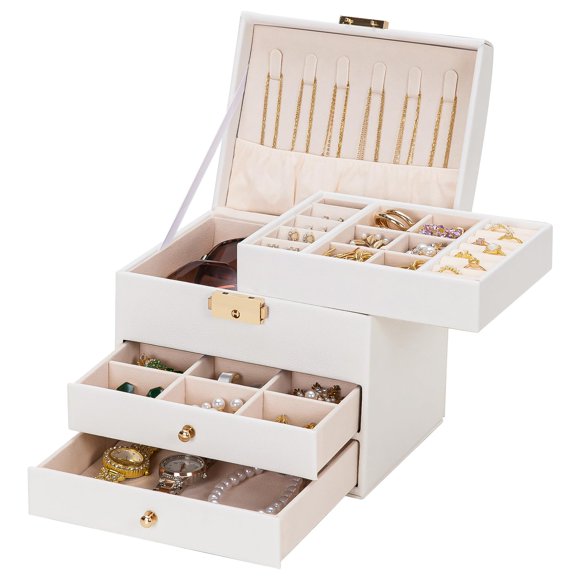 Caja de joyas Homde organizadora blanca de 3 niveles con cierre