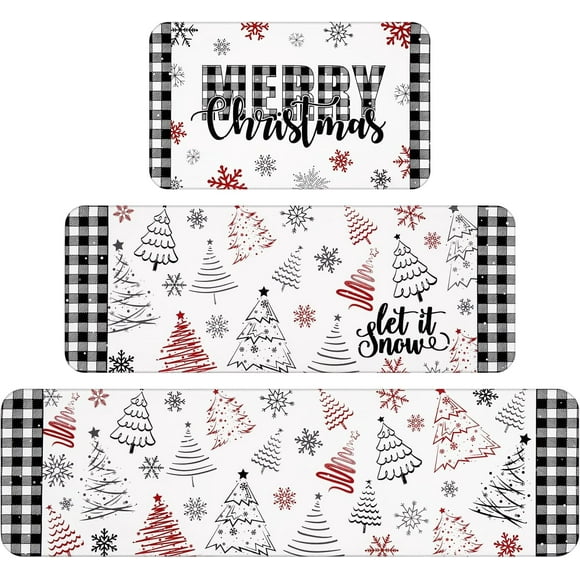 Christmas Kitchen Rugs Set of 3, Christmas Tree Kitchen Mats for Floor Xmas Snowflake Anti Fatigue Christmas Rug, Washable Floor Mat for Christmas Decor, 18" x 30" + 18" x 48" + 18" x 60"