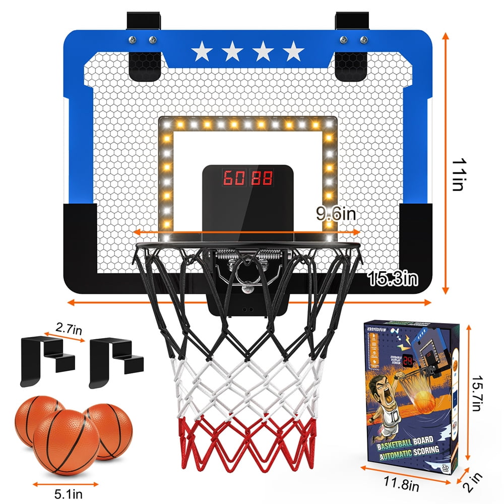 Growsly Indoor Basketball Hoop with Dual Electronic Scoreboard and LED Light Powered by Battery for 4-12 Years Old Kids, Blue
