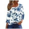 thumbnail image 2 of Sakmal White Tops for Women Trendy 3/4 Sleeve Scoop Neck Pleated Loose Fit Floral Ladies Tshirts $5, 2 of 5