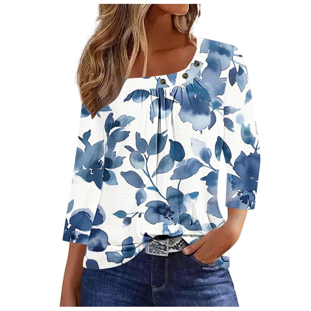 YUGYXL Offres T-Shirts à Manches 3/4 pour Femmes, Tunique Décontractée à Imprimé Floral, Pulls Confortables, Col Rond, Vêtements Légers, Mode, Volants, Confortables, Hauts de Vacances