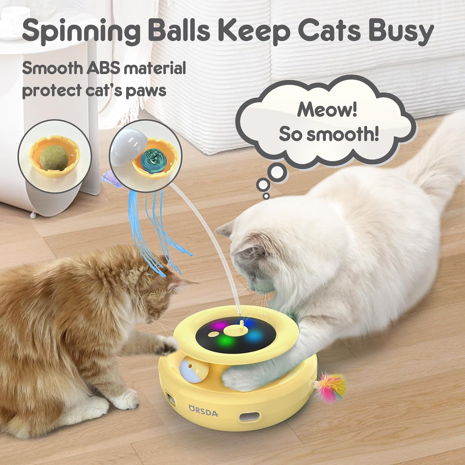 ORSDA 3-in-1 Cat Toys Rechargeable, Interactive Cat Toys for Indoor Cats Automatic Kitten Toy, Moving Ambush Feather, Fluttering Butterfly Toy, Track Balls, Whack a mole Cat Teaser with 9 Attachments