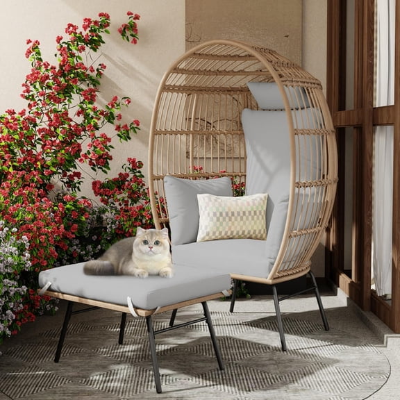 TROPOW Oversize Wicker Egg Chair with Ottoman, Egg Shaped Lounge Chair with Thick Cushion, Comfy Egg Rattan Seat for Indoor Outdoor Patio Porch Backyard, Grey