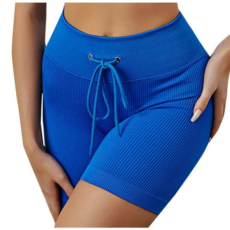 Olyvenn Women High Waist Ribbed Shorts Drawstring Scrunch Booty Shorts Summer Workout Yoga Shorts Biker Hot Pants Blue 8