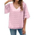 thumbnail image 3 of Xuanfei Women Solid Color Flocking Dots V Neck Flare Sleeve Stitching Top, 3 of 4