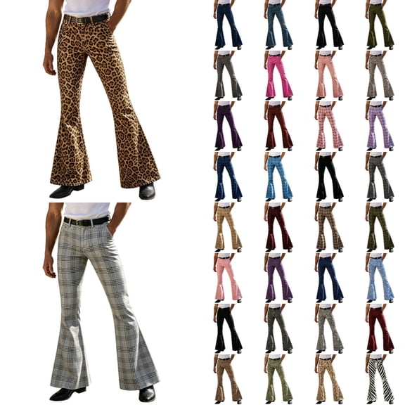 VeFlora Mens Bell Bottoms, Cheetah Print Bell Pants for men, 60s 70s Disco Outfits for Men Vintage Flared Jeans(Gold/S)