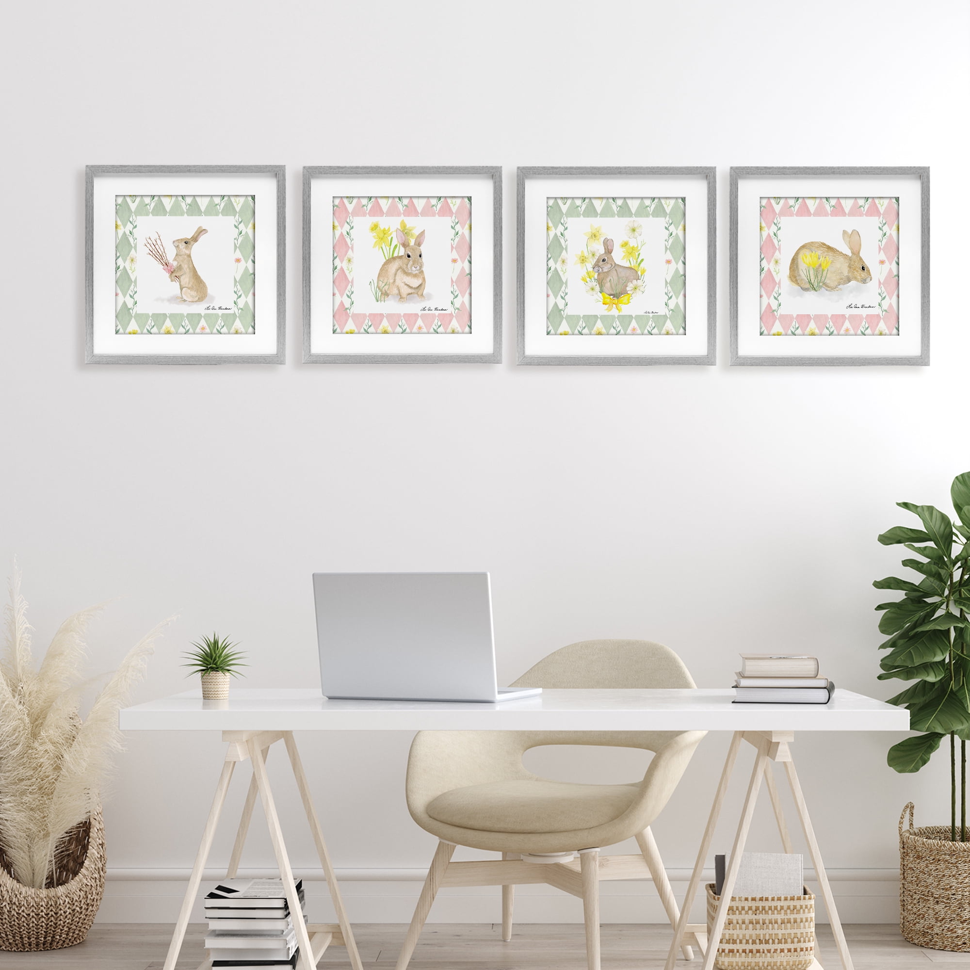 Spring Bunnies on Argyle 4 Piece Gray Framed Print Under Glass Set, design by Lee Ann Sanders