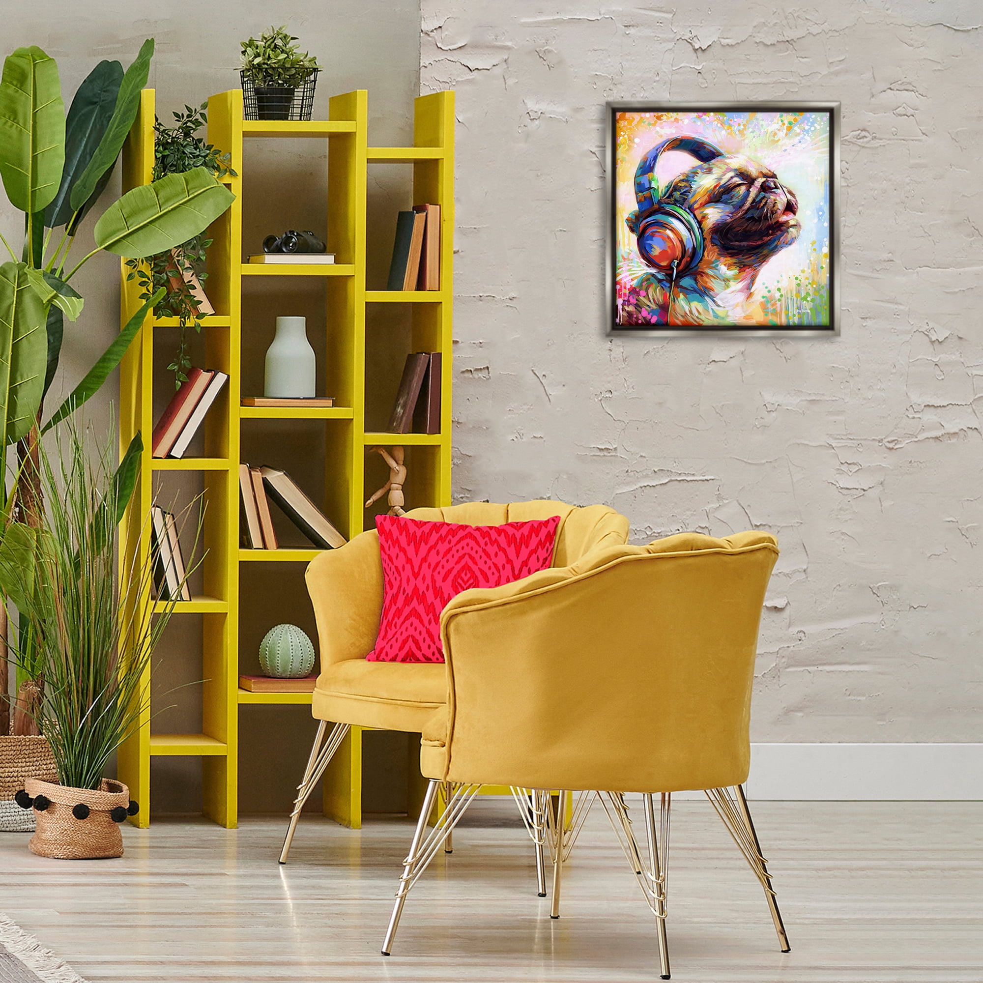 Stupell Industries Blissful Music Pug Animals & Insects Painting Gray Floater Framed Canvas Art Print Wall Art, 18 x 18