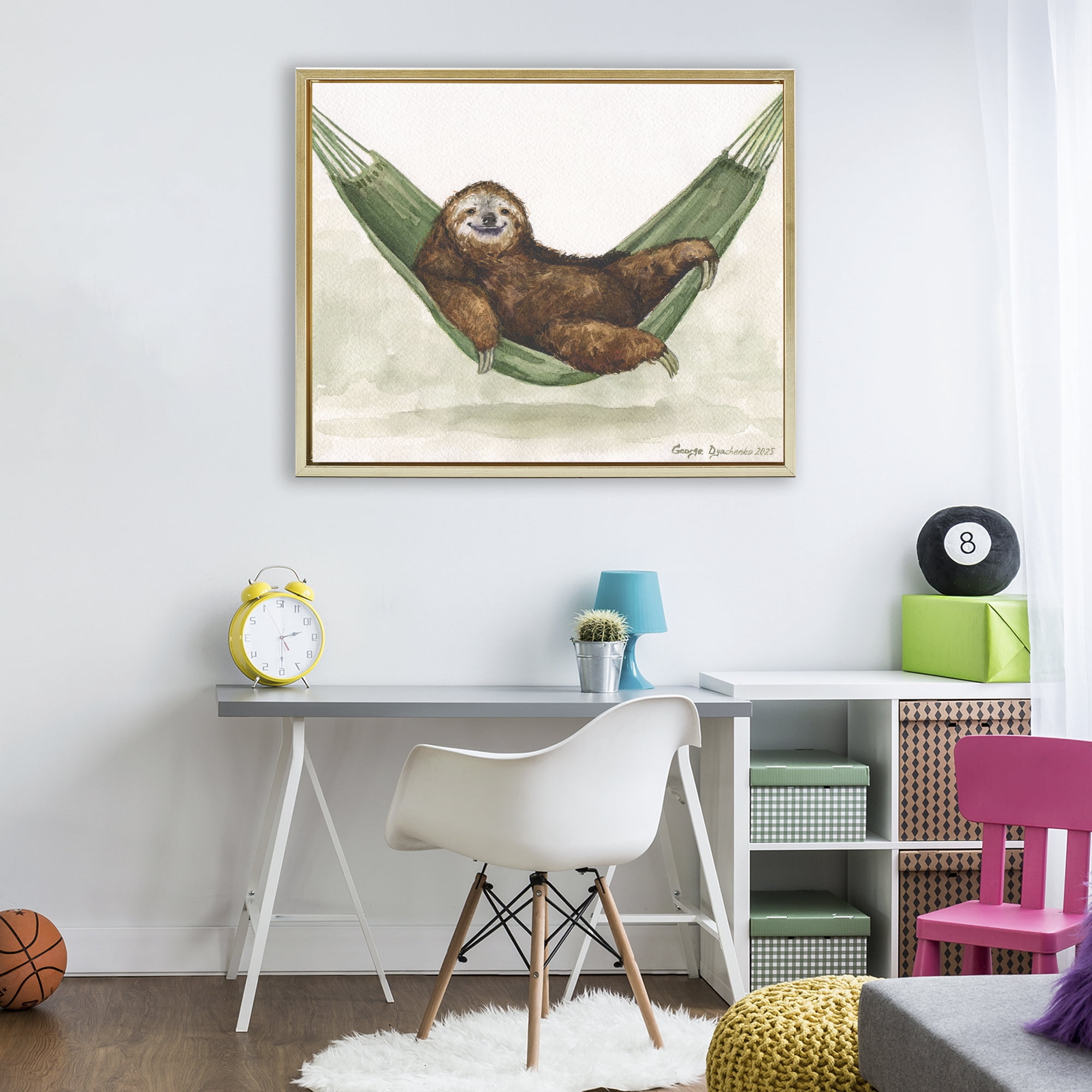 Stupell Industries Sloth On The Hammock Gold Framed Floater Canvas Wall Art, design by George Dyachenko