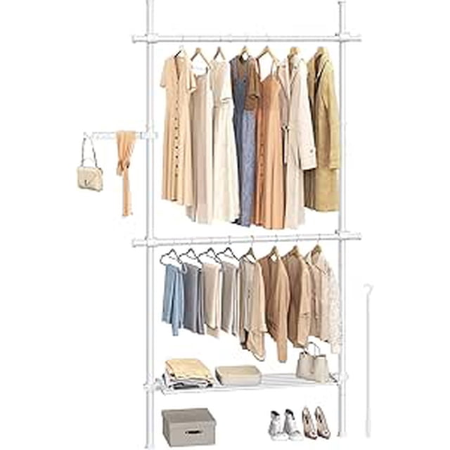 SONGMICS Floor to Ceiling Clothes Rack, 3-Tier Clothing Rack, Height and Width Adjustable Garment Rack, Wardrobe Organizer with 2 Rods and 1 Shelf, Reaching Rod, Matte White