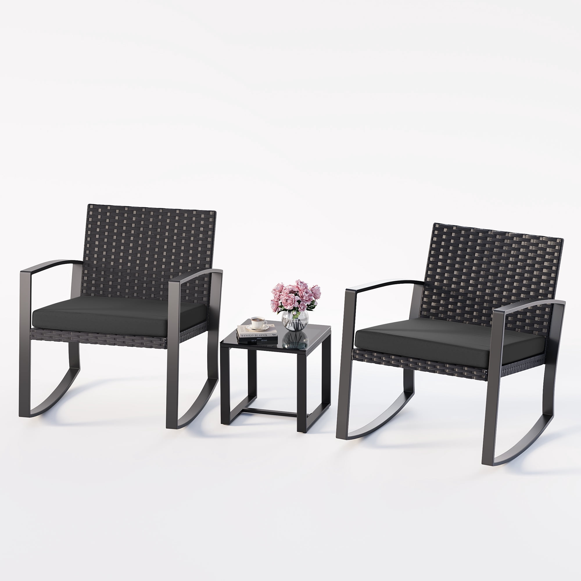 Lofka 3-Piece Patio Furniture Set Clearance with Tempered Glass Coffee Table and Rattan Rocking Chairs for Outdoor, Porch & Balcony, Black
