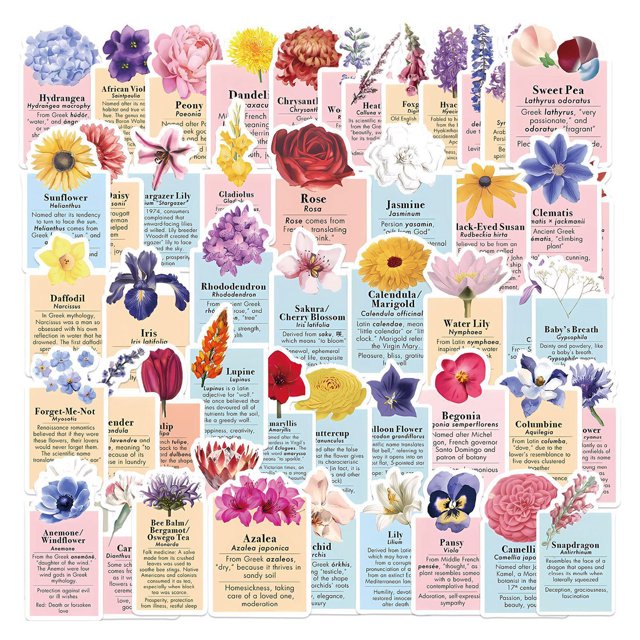CSChome Waterproof Flower Stickers Cartoon Graffiti Stickers 50Pcs Flower Leaves Pattern Waterproof Fade-Resistant Laptop Decals Children Gift