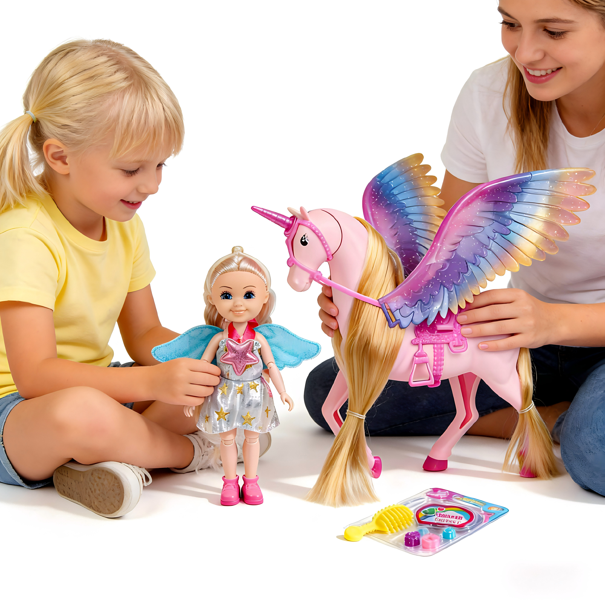 DEGIDEGI Unicorn Fantasy Doll & Pegasus Set, Rainbow Paradise Magic Princess Toy for Girls, Glitter Wings, Movable Accessories & Colorful Play Set for Girls and Boys 3+