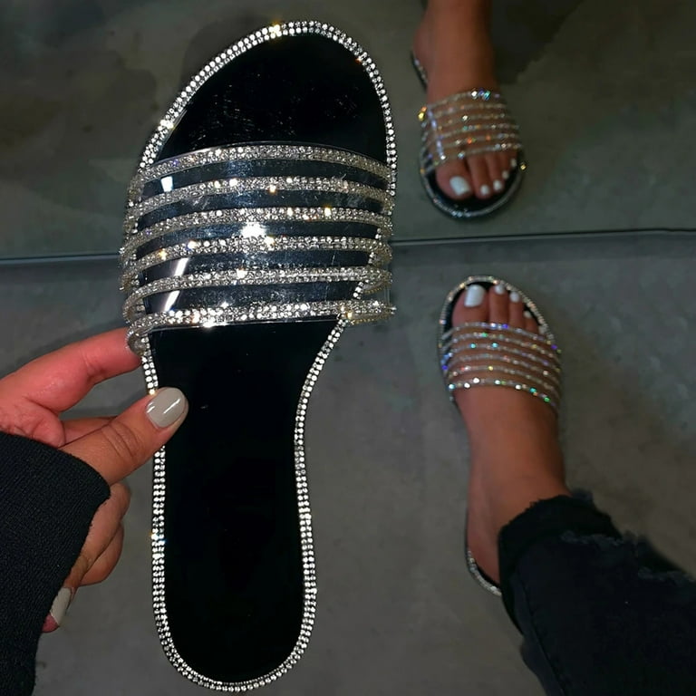 Women s Rhinestone Slippers Slip On Flat Sandals Casual Open Toe Slide Sandals With Bling Rhinestone Summer Vacation Essentials Dressy Sandals UK Sale Slippers for Women and Girl Walmart