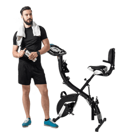 Foldable Exercise Bike Stationary Indoor Cycling Bike with Arm Resistance Bands, Magnetic Folding Recumbent Bike with Pulse Sensor and LCD Monitor for Home