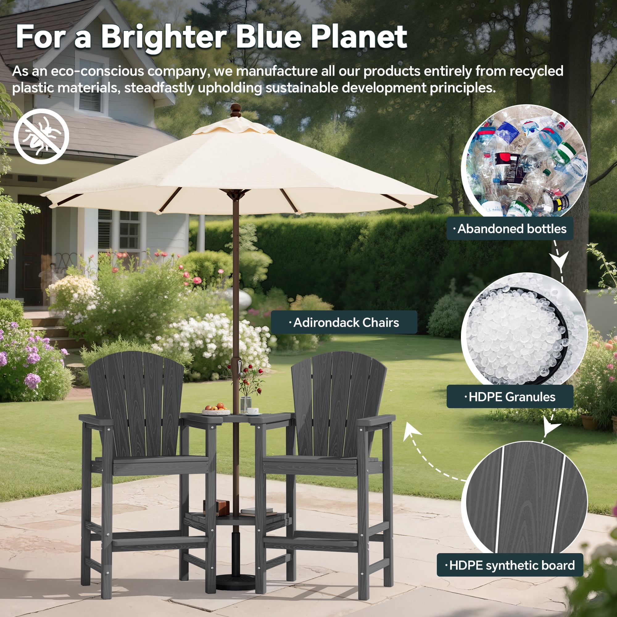 SERWALL Tall Adirondack Chairs Set of 4 with Double Layer Connecting Tray, HDPE Bar Height Outdoor Chairs, for Patio, Balcony, Porch, Pool, Gray