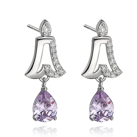 Cute Lucky Bells and Teardrop Purple Lavender Sparkling Crystals Silver-Tone Fashion Stud Earrings