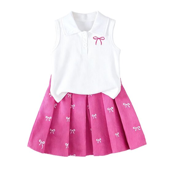 Baby Girl Outfits Graphic Print Sleeveless Lapel Polo Shirt And Pleated Skirt 2 Piece Outdoor Wear Baby Girls' Clothing Sets 2 Years-3 Years