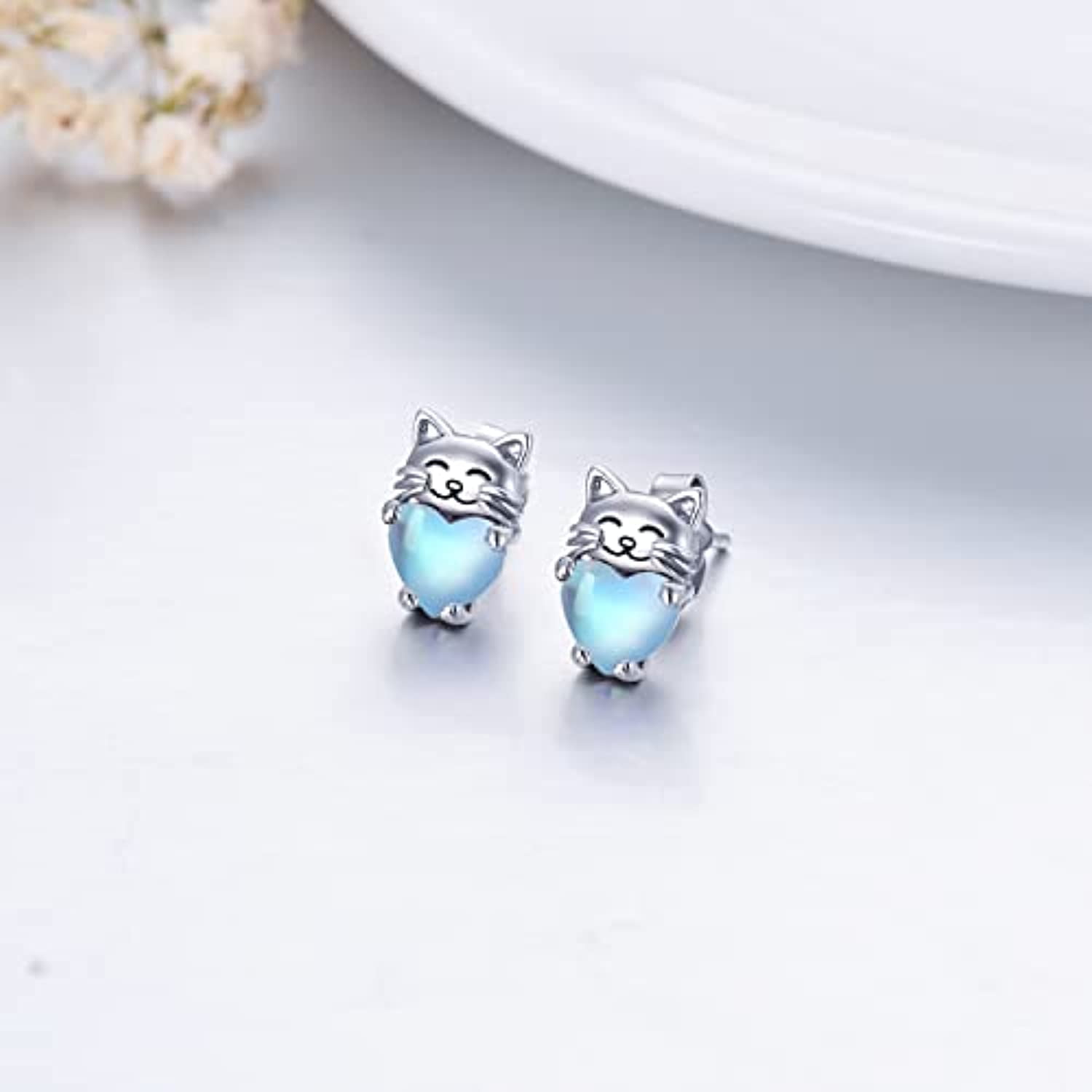 Midir&Etain Cat Earrings 925 Sterling Silver Cat Stud Earrings Crystal Earrings Cute Animal Earrings Low Allergy Cat Stud Earrings Cat Jewelry Women's Gift