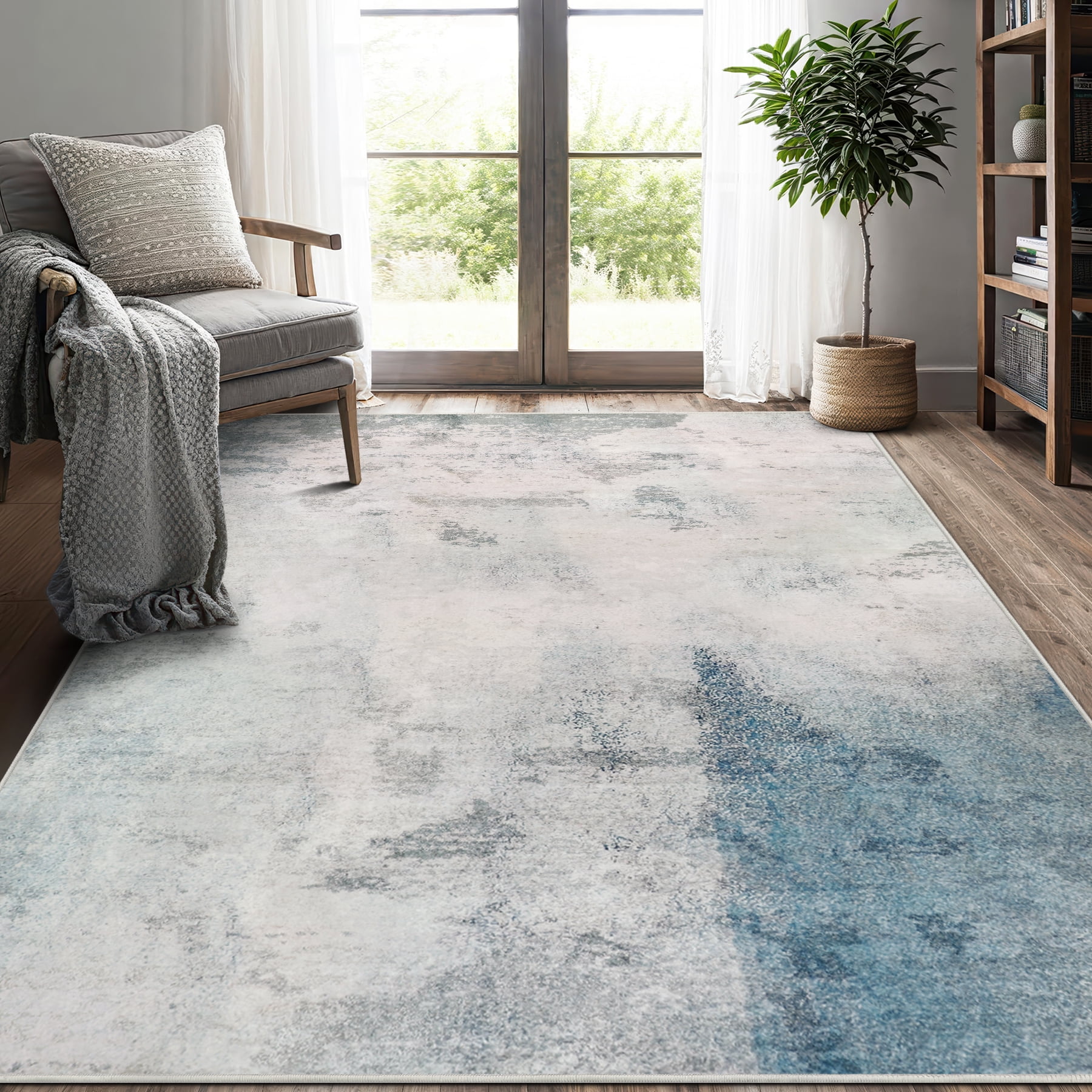 Aonewoe 8x10 Area Rugs for Living Room Abstract Washable Rugs Soft Neutral Bedroom Rug Non Slip Indoor Carpet for Living Room, Dining Room, Playroom, Office (Blue/Gray)