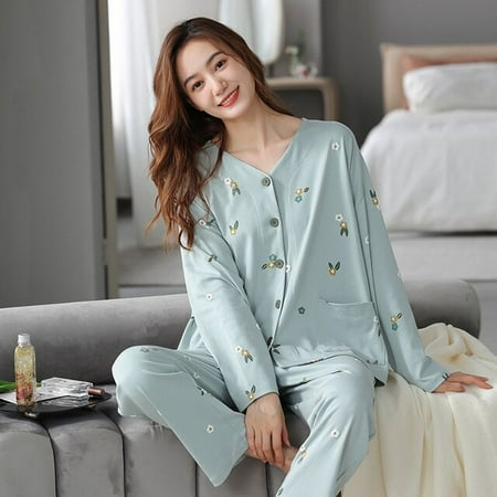 

CoCopeaunt High Quality Pajamas for Women Soft Cotton Sleepwear Long Sleeved New Pijamas Autumn Winter 3XL Blue Korean Womens Pajamas