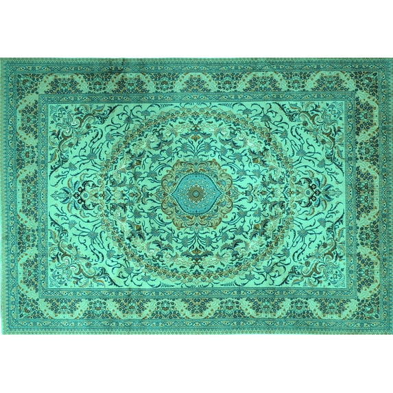 Ahgly Company Machine Washable Indoor Rectangle Medallion Turquoise Blue Traditional Area Rugs, 2' x 3'