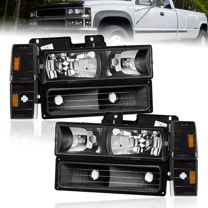 MOSTPLUS Pair Black Headlights for 1988-93 Chevy C/K 1500 2500 3500 w/ Bumper Corner Lights