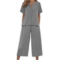 thumbnail image 3 of Linen Capri Set Women 2 Piece Outfits V Notch Short Sleeve Button Down Shirts Summer Flowy Crop Wide Leg Pants Sets, M, 3 of 7