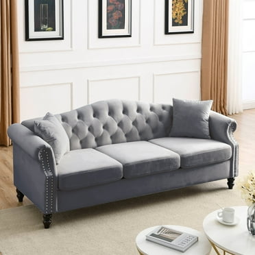 Newboti Furniture 79" Chesterfield Sofa Grey Velvet for Living Room, 3 Seater Sofa Tufted Couch with Rolled Arms and Nailhead for Living Room, Bedroom, Office, Apartment, two pillows 22771