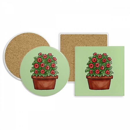 

Little Red Potted Flower Coaster Cup Mug Holder Absorbent Stone Cork Base Set