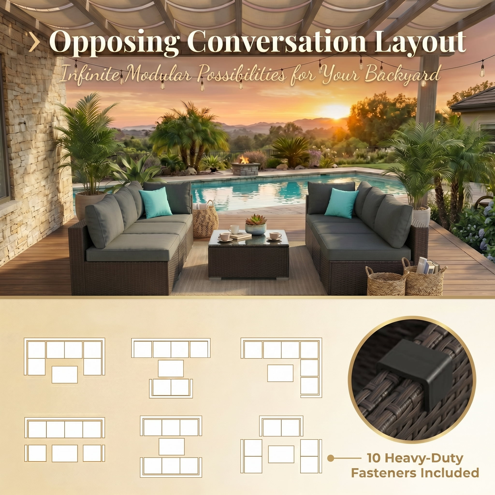 Howcool 7-Piece Modular Outdoor Patio Furniture Set with Cushions and Tempered Glass Table