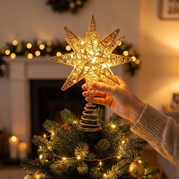 LED Bethlehem Star Christmas Tree Topper with Metal Frame and Spring Base for Indoor Holiday Decor