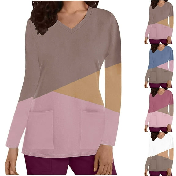 ATOYSOY Women's V Neck Sweatshirts Outwear Loose Scrubs Tops Pockets Casual Shirts Solid Color Pullover Workout Long Sleeve Tees Fall Winter Retro Fashion Brown L