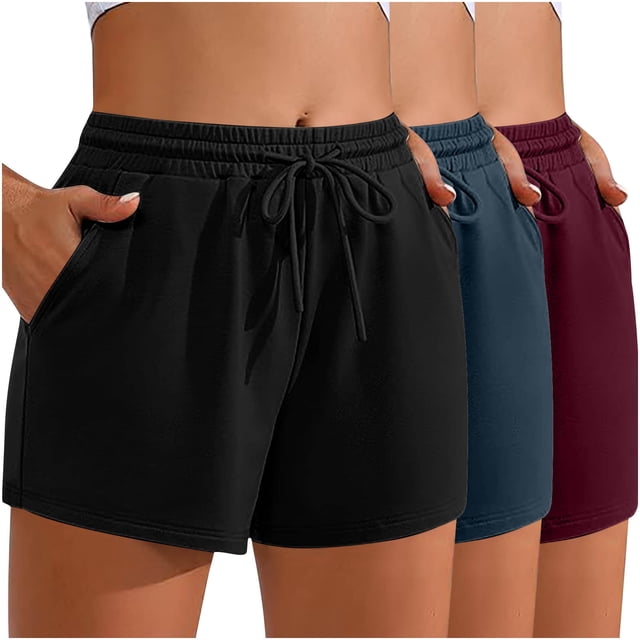 Plebaso Womens Drawstring Sweat Shorts 3 Pack Elastic High Waisted Running Athletic Shorts with Pockets