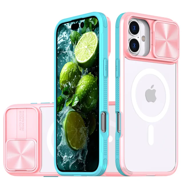 New Slide Camera Lens Protector Armor Case For iPhone 16 15 13 14 Plus 11 12 Pro Max For Magsafe Shockproof Bumpers Clear Cover Pink For iPhone 14 Pro