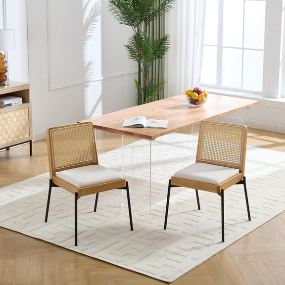 Dining Chairs, Accent Chairs, Mid-Century Chairs Set of 2 Kitchen Side Chairs, Linen Upholstery and Rattan Backrest, Metal Legs, Beige, 32.28 Inch Height, 250 lbs Capacity