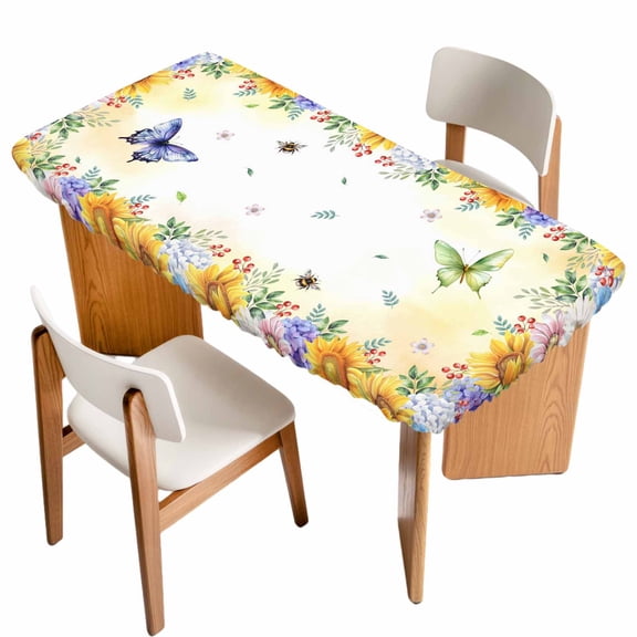 Spring Floral Table Cloths for 6 Foot Rectangle Tables, Hydrangea Sunflowers Butterflies Watercolor Patio Waterproof Elastic Fitted Tablecloths, Washable Rectangular Table Cover for Camping