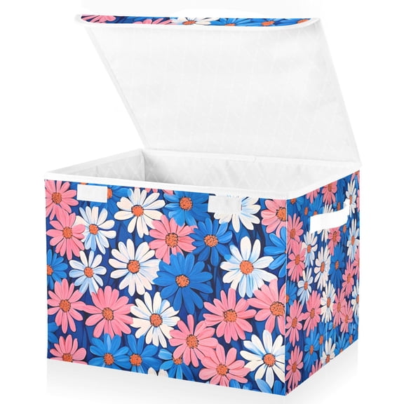 Yayeee Collapsible Cube Storage Bin with Lid Fabric Closet Decorative Basket with Handles, Pink Flowers Pattern