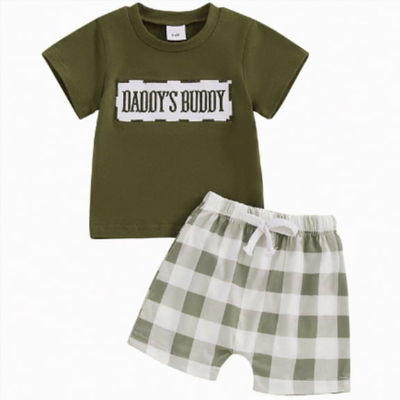 Xudanell Toddler Boys Outfit Summer Letter Graphic Tee and Plaid Print Shorts Dad Mom Boy Matching Outfit Green 6-9 Months