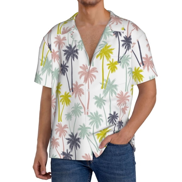 Disketp Hawaiian Coconut Tree Print Men's Hawaiian Shirts Button Down Holiday Beach Shirts-X-Large