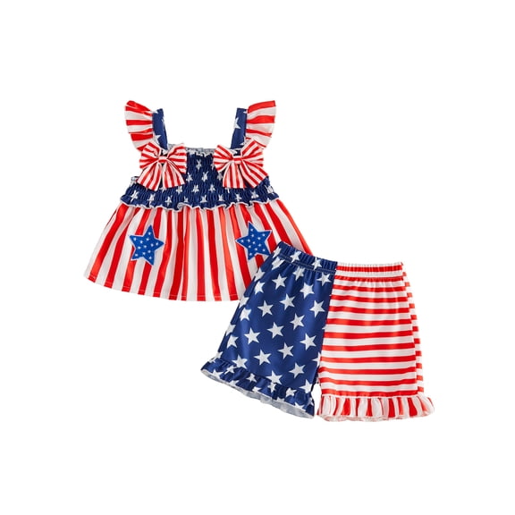 BemeyourBBs Toddler Baby Girl 4th of July Outfit Little Baby Girl Patriot Independent Day Summer Clothes Star Stripe Print Flutter Sleeve Tank Tops and Ruffle Shorts Set Baby Fourth of July Outfit