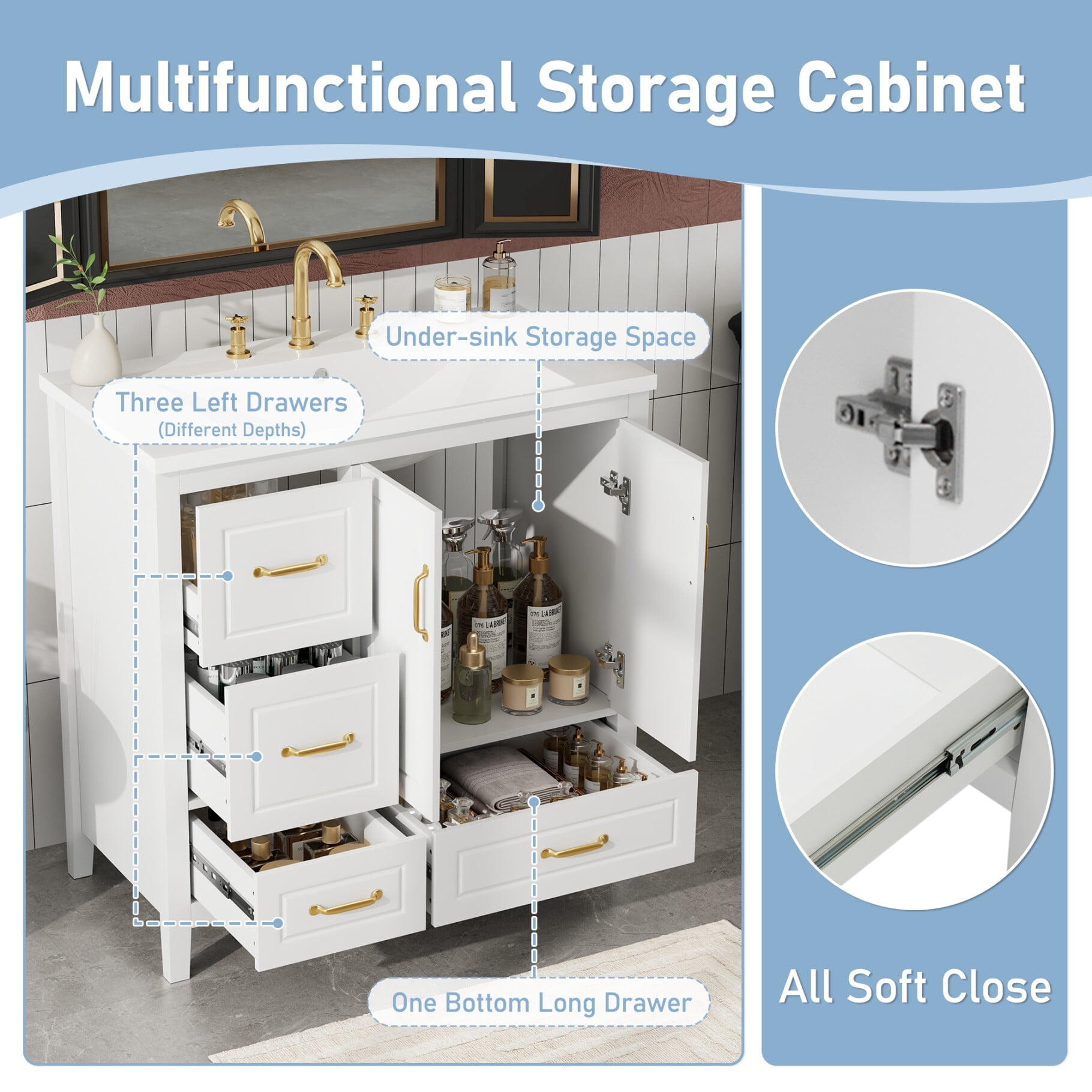 36" Bathroom Vanity with Sink, Modern Bathroom Storage Cabinet with 4 Drawers and 2 Soft-Closing Doors, Freestanding Solid Wood Bathroom Vanities, White