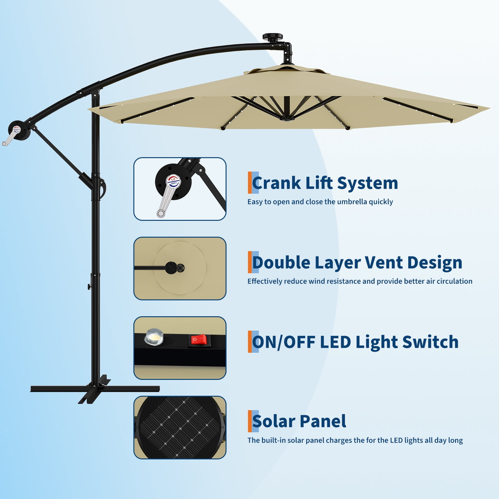 Wildbreak 10 ft Offset Hanging Market Patio Umbrella, with Solar LED, Easy Tilt Adjustment, Off-white