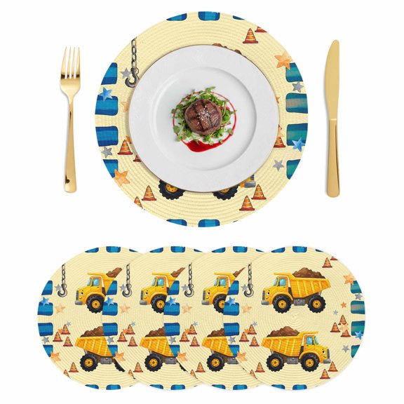 Yellow Truck Round 15 Inch Placemats Set of 4, Stars Blue Checkered Modern Farmhouse Art HeatResistant Non Slip Place Mats for Dining Table, Wipeable Braided Kitchen Table Mats for Housewarming