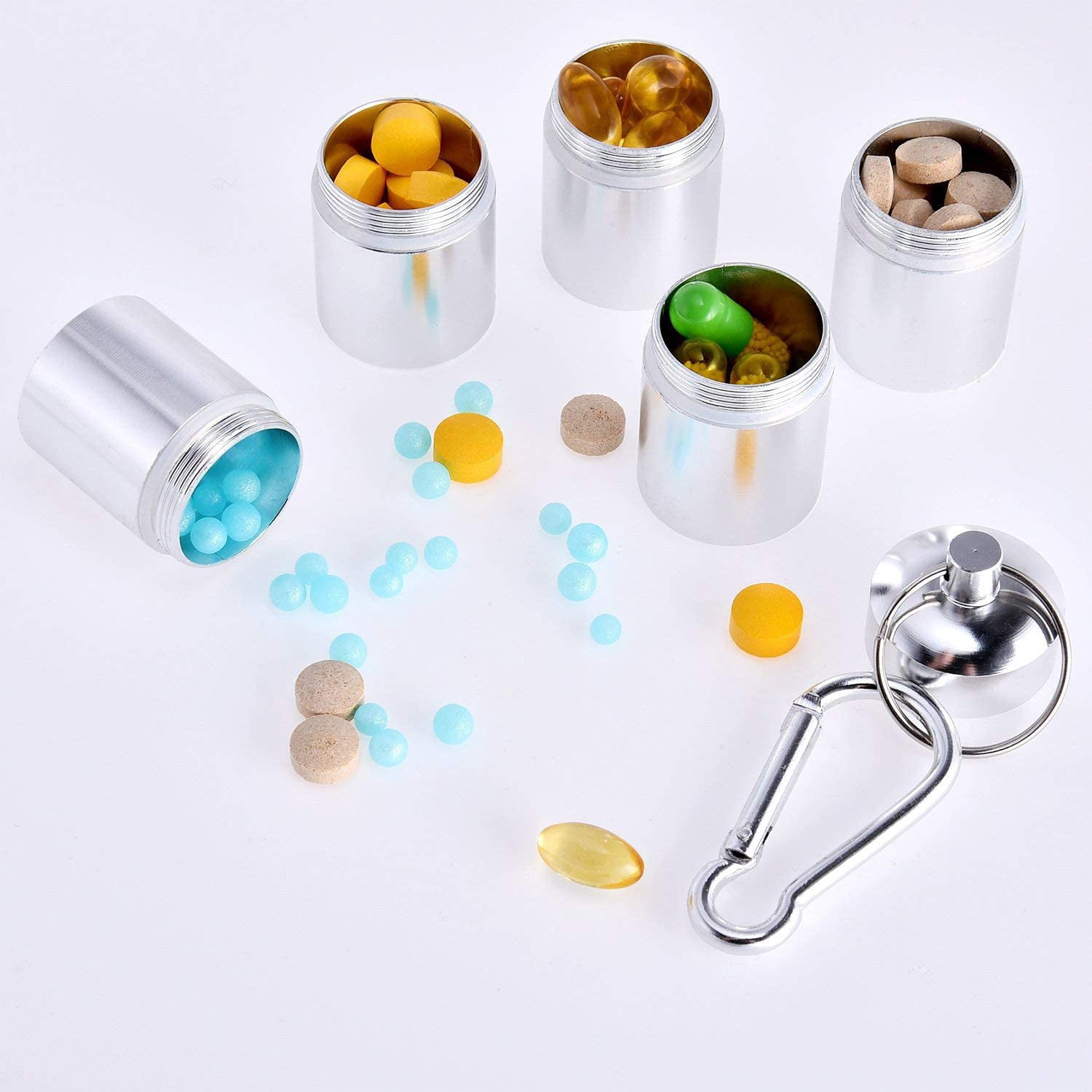 7 Days Pill Case, Portable Pill Box, 7 Compartments Aluminum Alloy Weekly Pill Holder Waterproof Medicine Organizer Travel Pill Tube Pill Bottle Pill Container with Keychain and Carabiner