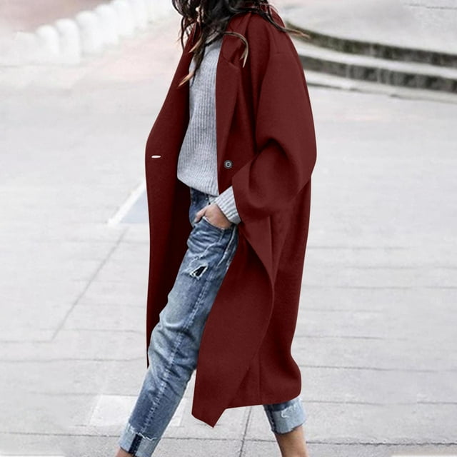 RXMEKW Wool Coat for Women, Solid Color Oversized Button Closure with Functional Pockets, Mid-Length Casual Blazer Style Jacket for Fall and Winter