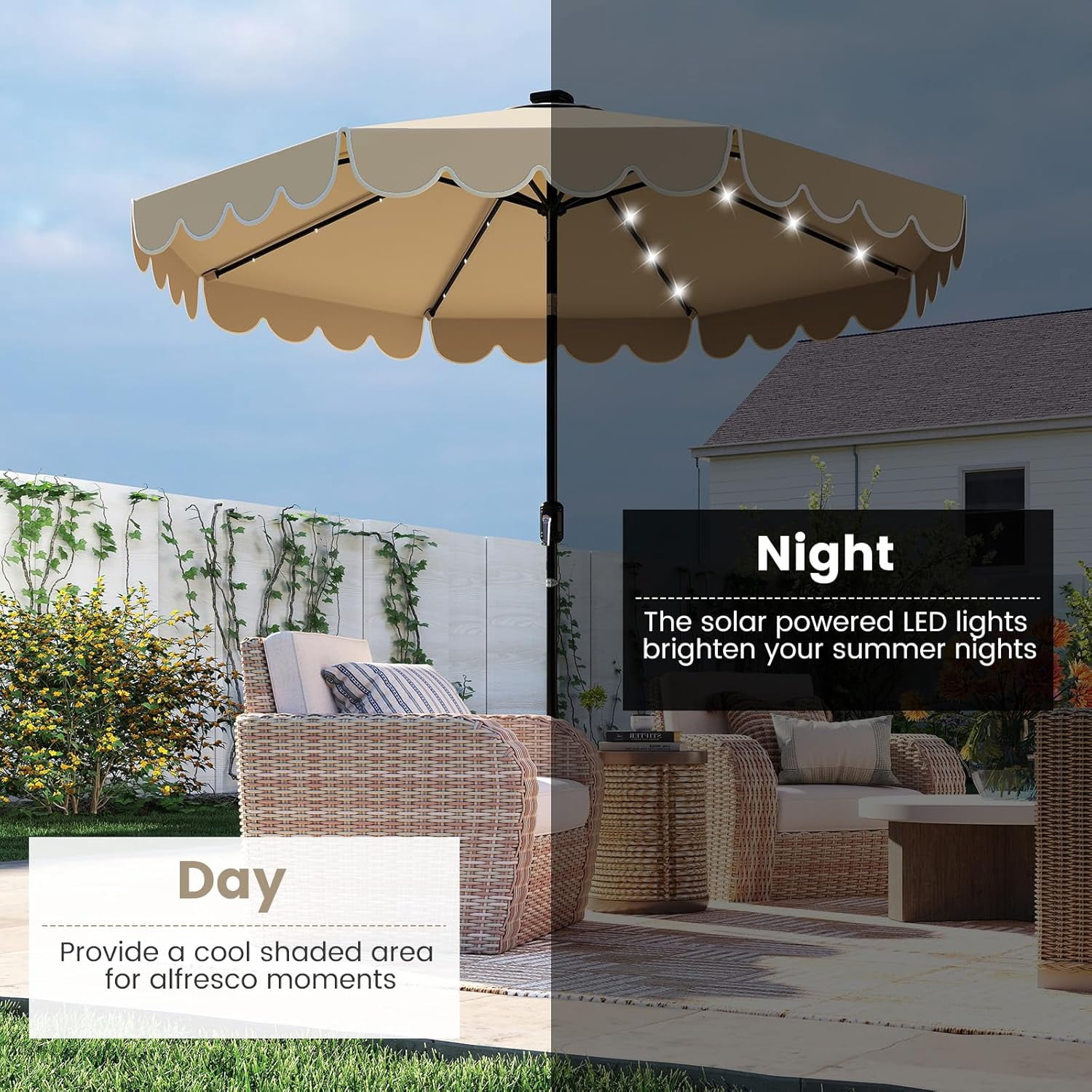 ZYPPP  9 FT Solar Patio Umbrella, 2-Tiers Scalloped Outdoor Table Market Umbrella with 32 LED Lights, Vented Top, Tilt Adjustment, Crank, 8 Ribs for Backyard Poolside Deck Beach Lawn (Coffee)